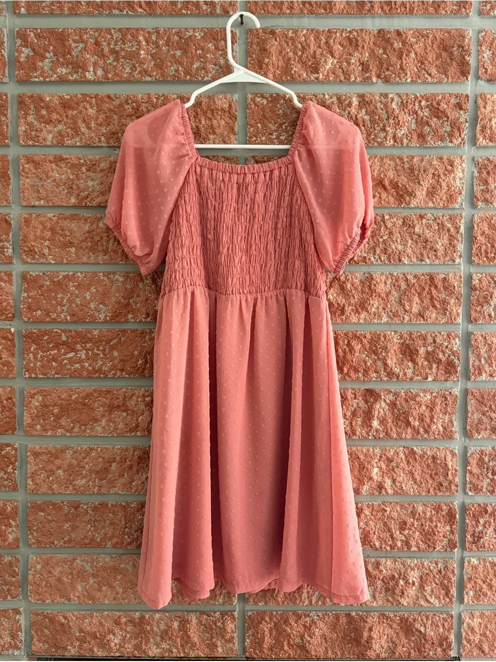 Old Navy Coral Dress with Smocked Bodice and Puff Sleeves